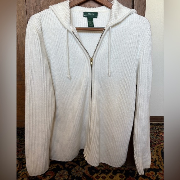 Ralph Lauren Ivory Zip Front Hooded Cotton Sweater Large - Picture 1 of 9